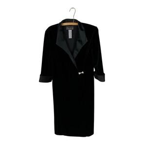 Alex Evenings Black Velvet Tuxedo-Style Dress w Rhinestone Bow Clasp - SIze 14
